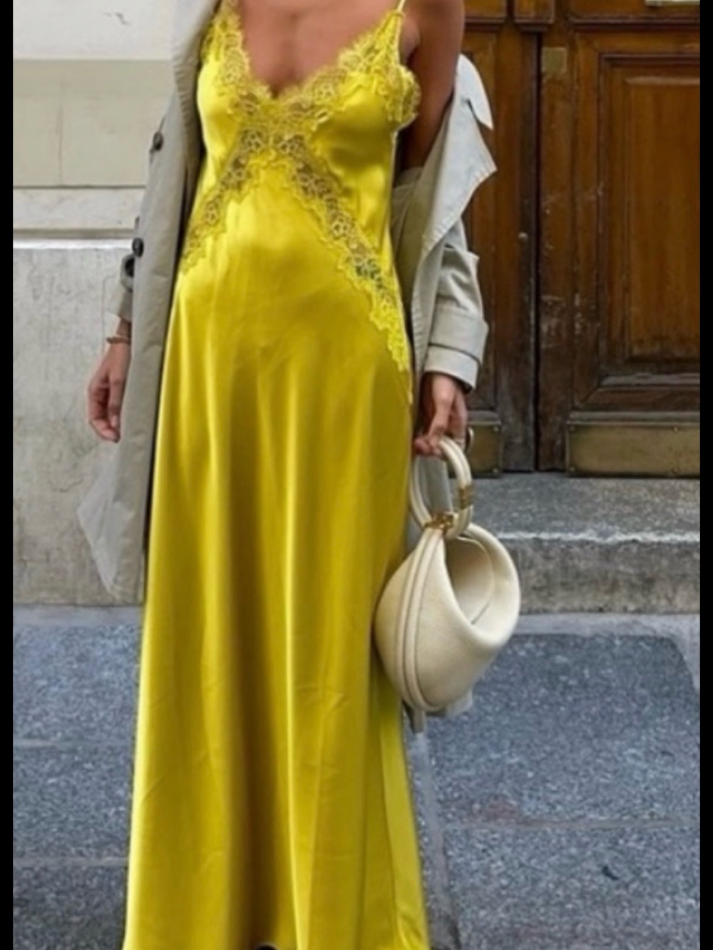 Zara Bright Yellow Satin Lace-Trim Maxi Dress